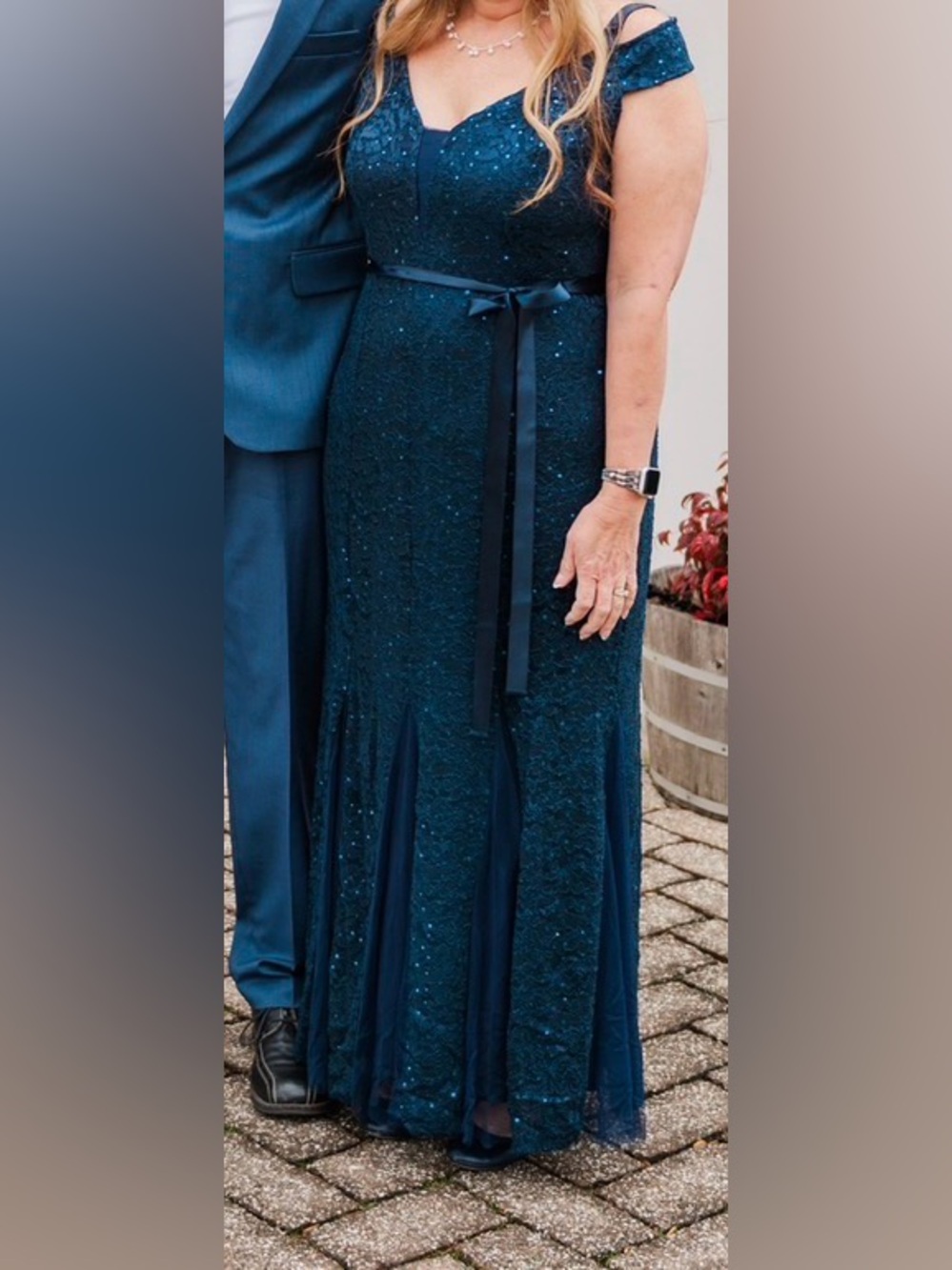 Navy Blue  Sequin Evening Gown with Ribbon Detail